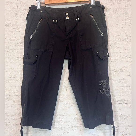 Harley-Davidson Women's Black Crop Cargo Pants Sz 2 Great for Riding Zip Pockets - Picture 1 of 16